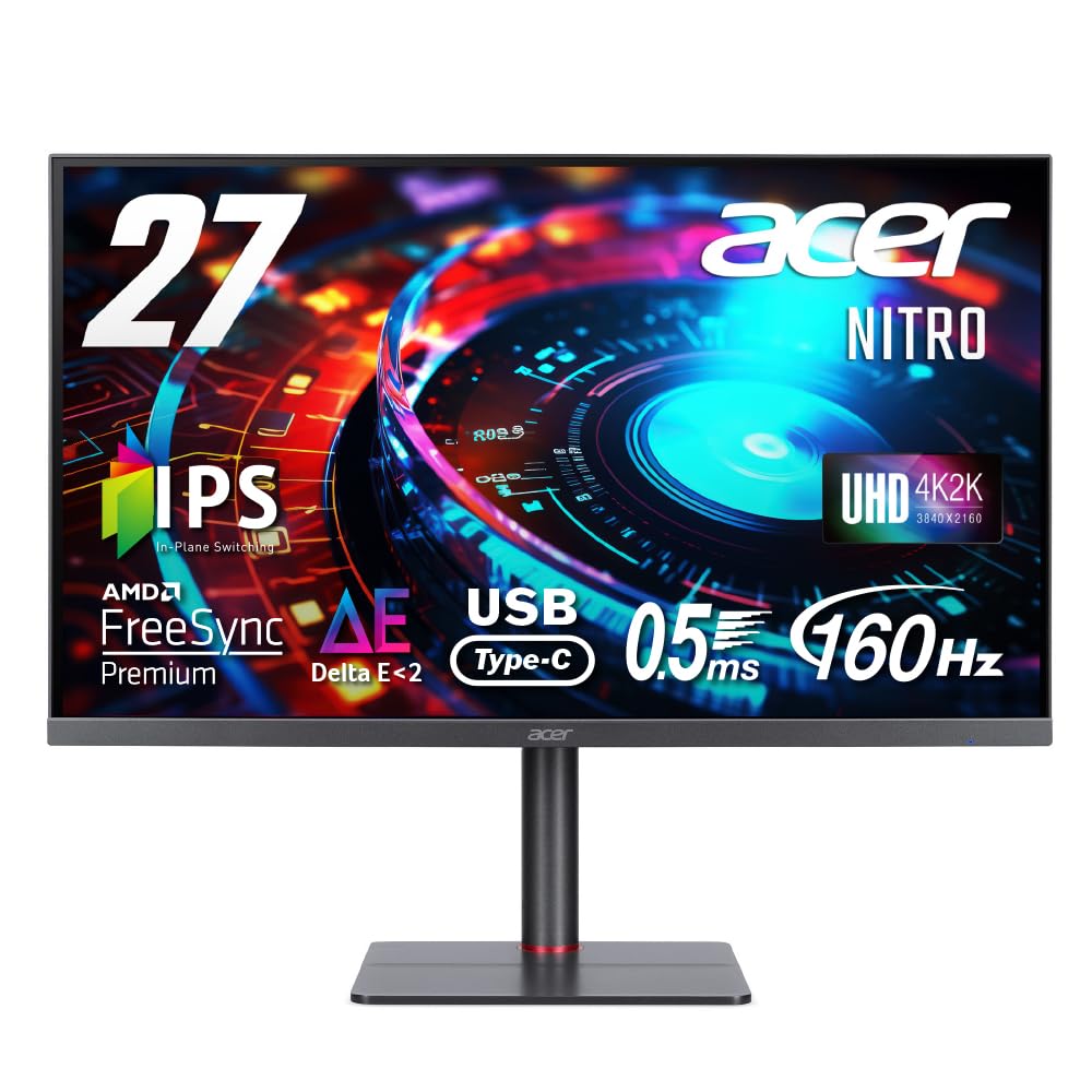 Acer ゲーミングモニター Nitro 27インチ 4K UHD IPS 非光沢 160Hz 0.5ms DeltaE<2 USB Type-C 65W給電 HDMI2.1 DisplayPort1.4 KVM 高さ調整 ピボット機能 3W スピーカー PC PS5 Xbox X|S VESAマウント対応 XV275KVymipruzx