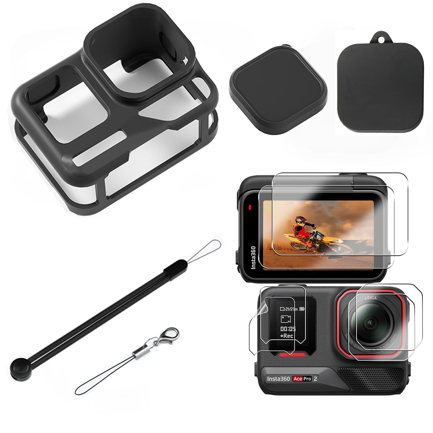 DGSHUIJIE Insta360 Ace Pro2専用 アクセサリー 10点セット【保護フィルム×6・シリコンケース・レンズカバー×2・ハンドストラップ】高硬度9H 強化ガラス・防塵・耐衝撃・取り付け簡単