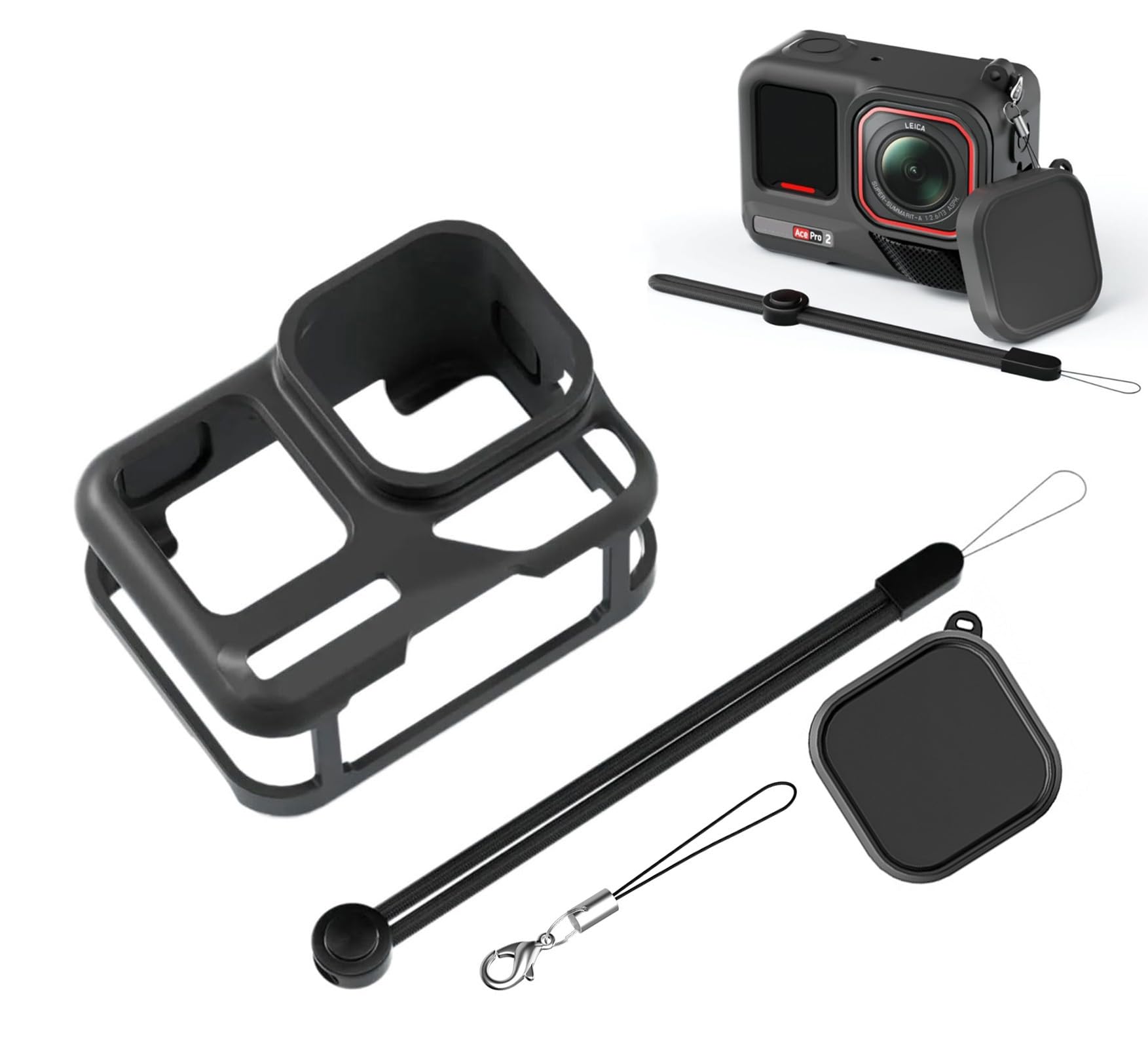 For Ace Pro2専用 アクセサリー insta360 AcePro2 対応 シリコンケース+ネックストラップ+紛失防止ストラップ+レンズカバー 【4点セット】 シリコン素材 柔らかい 頑丈 着装まま充電可能 衝撃吸収 防塵 軽量 落下防止 insta AcePro2対応アクセサリー 保護カバー