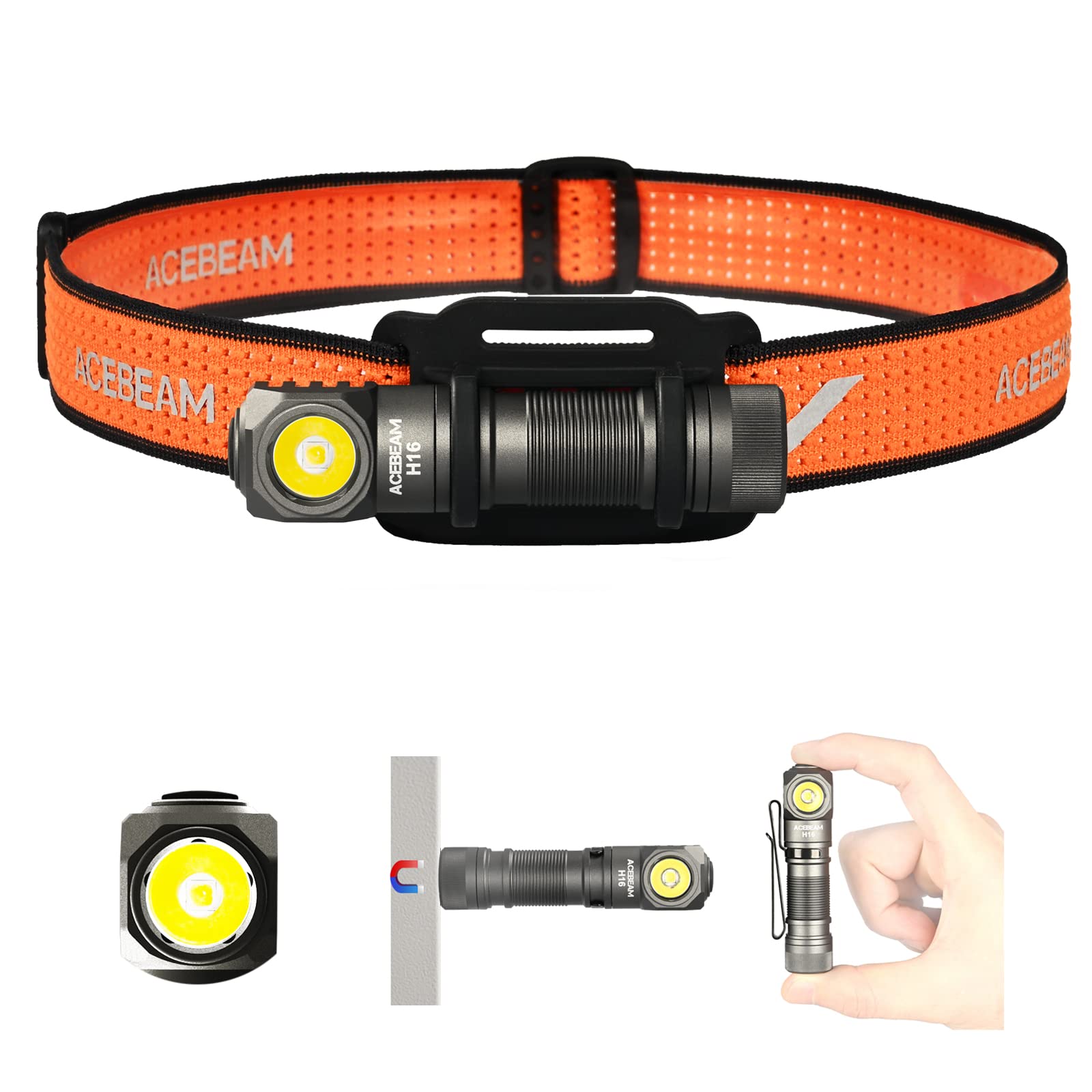 ACEBEAM H16 LED ヘッドライト 懐中電灯兼用 1000ルーメン 高輝度 超軽量 単三電池対応 小型 フラッシュライト USB-C充電式 ヘッドランプ 180°調整可能 IP68防水防塵 6つの点灯モード SOS点滅 マグネットテール 釣り 防災 散歩 作業 登山 アウトドア 停電用 (グレー)